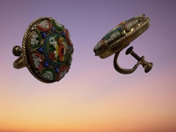 Micro Mosaic Earrings: Floral Tesserae, 3/4 inch