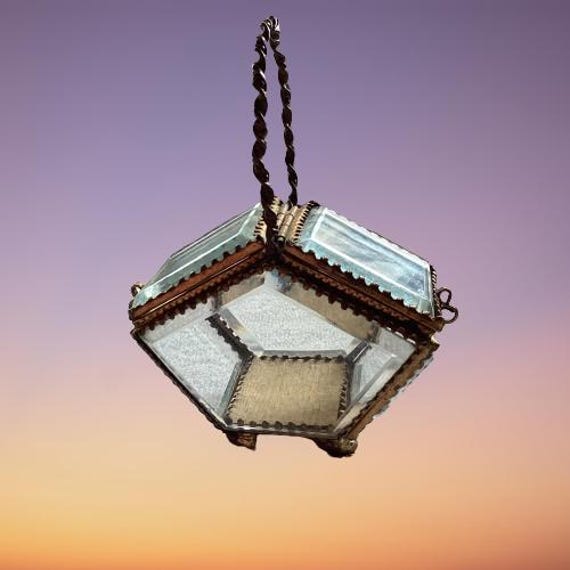 Antique French Bronze Beveled Glass Vitrine Basket Casket Box