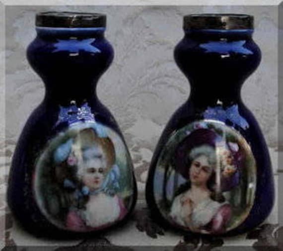 Antique British Silver Rim Cobalt Blue  Enamel Portrait Miniature Vases