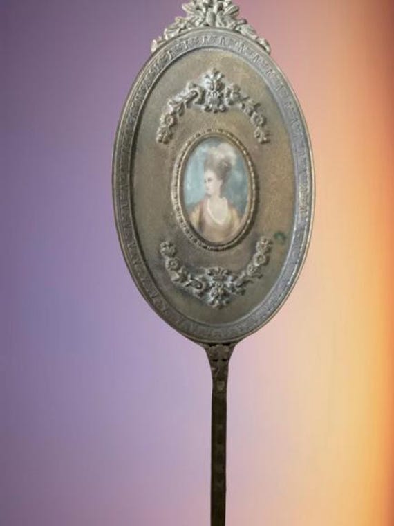 French Bronze Miniature Portrait Hand Mirror
