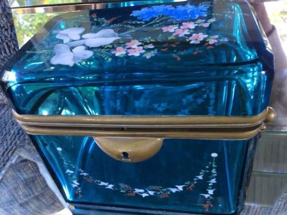 French Glass Bronze Enamel Sugar Casket Box: Teal Hand Painted
