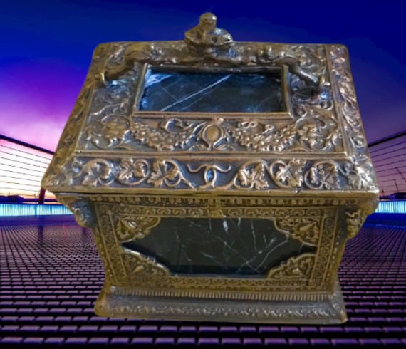 Antique Bronze Blue Marble Plaque Casket Box