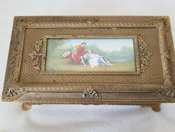 Antique Austrian Hand Painted Signed Plaque Panel Bronze Casket Box