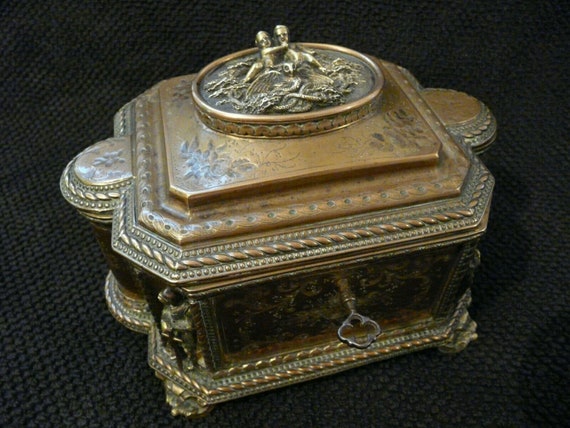 Antique French Bronze  Dore  Cherub Casket Box