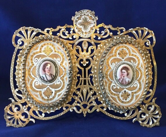 Antique Czech Austro Hungarian Enamel Portrait Plaque Easel Picture Frame
