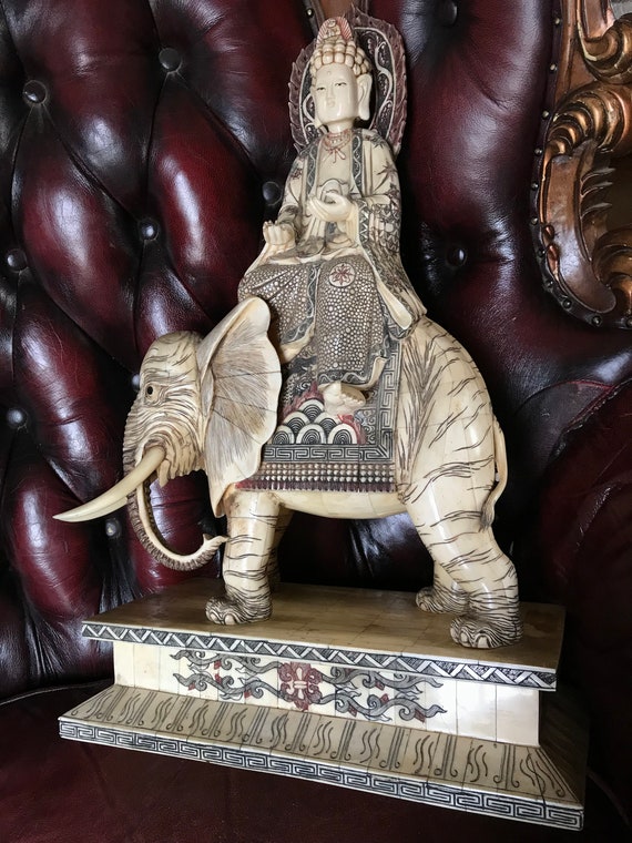 Antique Bone Chinese Fengshui Elephant, Sakyamuni Buda Statue Figure