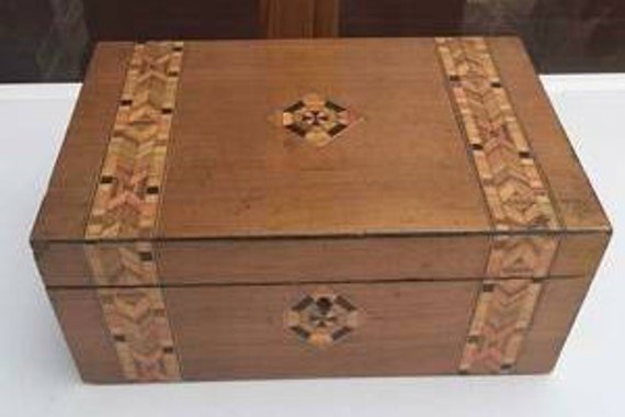 Antique Marquetry Inlaid Mother of Pearl MOP Sewing Box