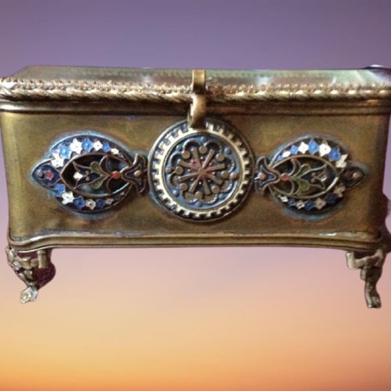 French Bronze Champleve Casket Box Cloisonne Enamel