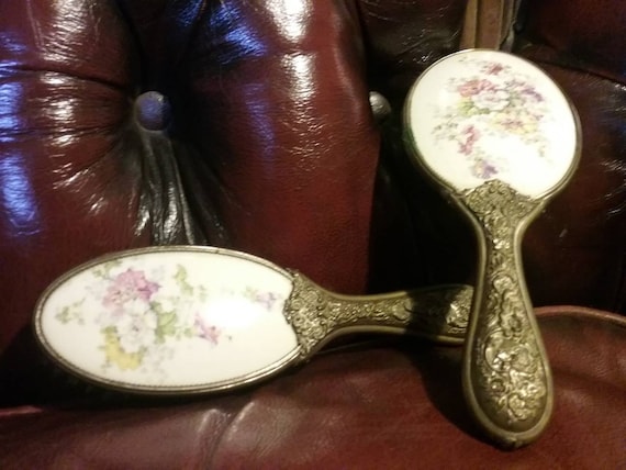 Antique Porcelain Floral Mirror & Brush Set