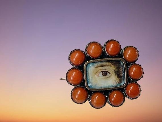 Antique Gold And Coral Lovers Eye Miniature Mourning Brooch