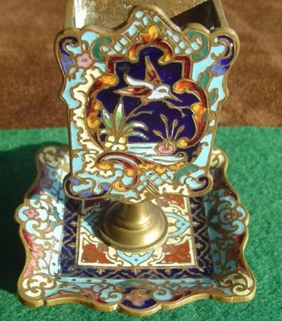 French Champleve Match Holder with Colorful Hummingbird in Garden Design