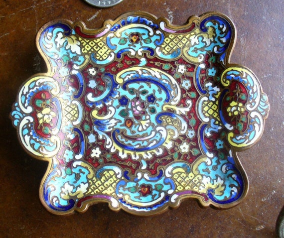French Champleve Footed Pin Tray