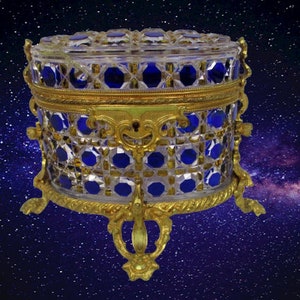 Antique Cobalt Blue Bohemian Crystal Casket Box