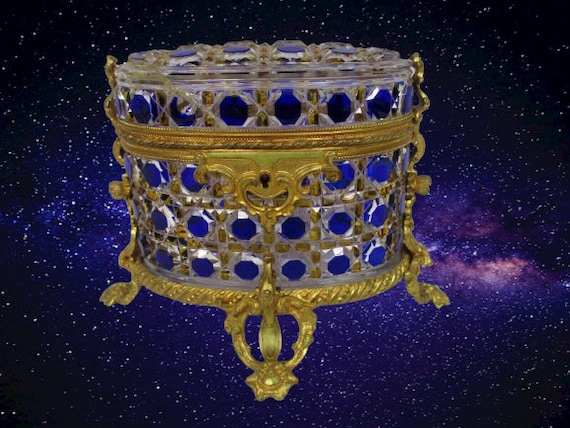 Antique Cobalt Blue Bohemian Crystal Casket Box