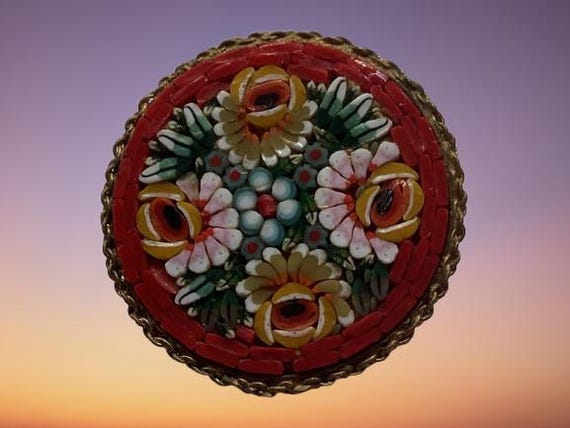 Italian Micro Mosaic Brooch: Floral Tesserae Pin