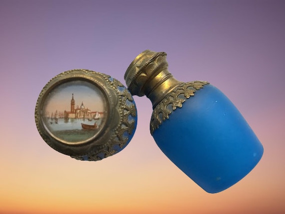 French Blue Opalaine Eglomise Palais Royal Scent Bottles