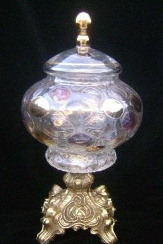 Opalescent Ormolu Coin Dot Art Glass Compote Dish Box
