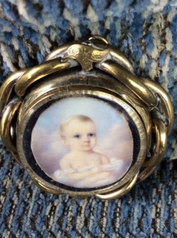 Miniature Portrait Watercolor Mourning Hair Pendant Brooch ~ Child