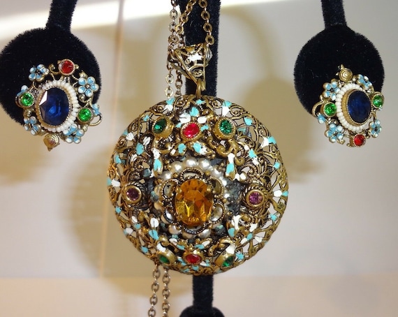 Czech Austro Hungarian Jeweled Earring & Necklace Pendant
