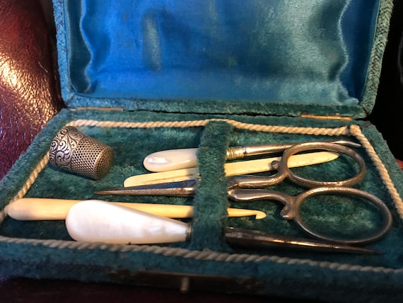 Antique Sewing Box w Bone Implements