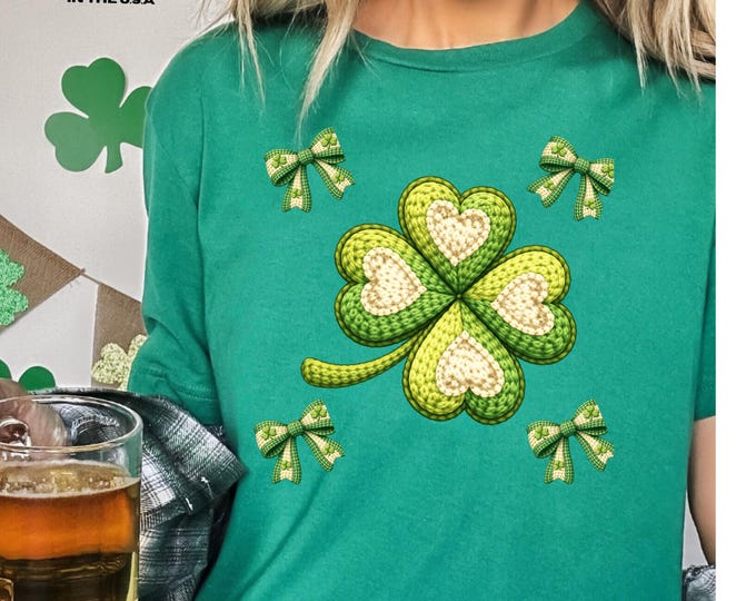 Green Shamrock Bow Tee | St. Patrick's Day  Faux  Yarn Crocheted Four Leaf Clover Shirt