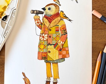 Bird Lover Art Print | Quirky Character Illustration | Colorful Fine Art Print | Nature Lover Gift | Birdwatcher Decor | Bird Painting