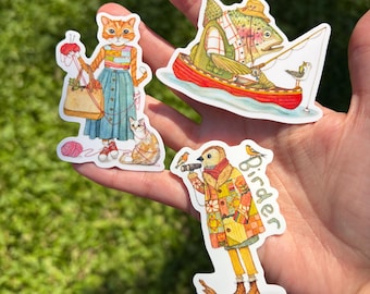 Sticker Bundle | Waterproof Vinyl Animal Stickers | Cat Sticker, Birdwatcher Sticker, Fishing Sticker | Laptop, Water Bottle & Phone Decal
