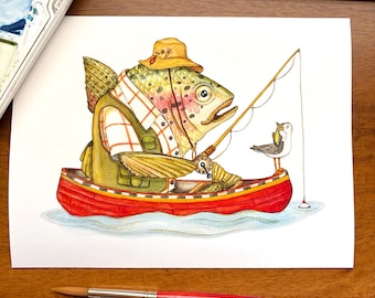 Fisher Art Print | Cabin & Lake Decor | Watercolor Wall Art for Outdoor Lovers | Rainbow Trout Painting