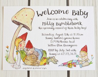 Custom Watercolor Gnome Baby Shower Invitation (Set of 25), Woodland Theme