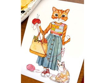 Cat Person Art Print | Crocheting Cat Wall Art for Yarn enthusiasts, Kitty Lovers &  Fashionista | 5x7 or 6x8