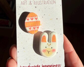Handmade Clay Easter Bunny Egg Pins, Spring Basket Gift Set