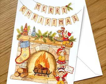 Cozy Christmas Elves Greeting Card — 5x7 Watercolor Holiday Card