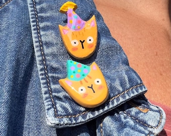 Party Cat Pin | Clay Pin | Birthday Gift | Cat Lover
