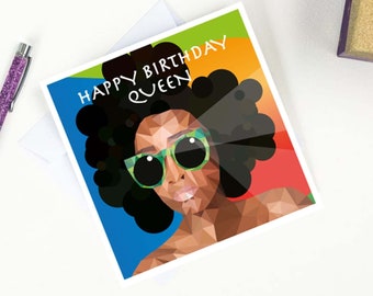 Happy Birthday Queen greeting card featuring black woman with an afro. Illustrated by Leanne Creative