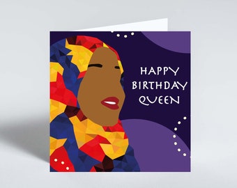 Happy Birthday Queen greeting card featuring Muslim woman illustration by Leanne Creative. Hand-finished with gems.