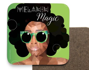 Melanin Magic coaster featuring portrait of black woman with afro, party accessory or gift idea for friends