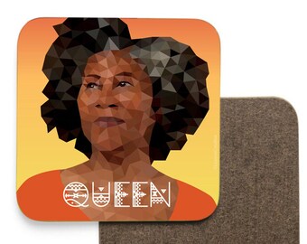 Queen coaster featuring Black woman with afro. Illustrated by Leanne Creative