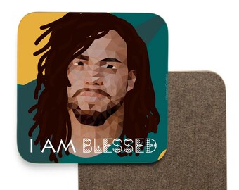 I am blessed coaster featuring Black man with lots. Illustrated by Leanne Creative