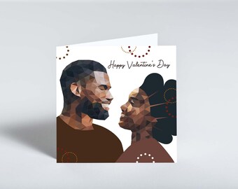Happy Valentine's Day greeting card featuring a black couple. Black man and woman illustration by Leanne Creative