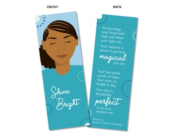 Shine Bright bookmark featuring black woman portrait and poem by Leanne Creative