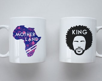 Bold Afrocentric mugs featuring silhouetted designs