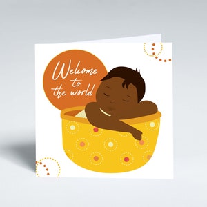 New baby greeting card. Welcome to the world greeting card featuring black baby illustration. Baby shower card.