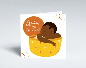 New baby greeting card. Welcome to the world greeting card featuring black baby illustration. Baby shower card.