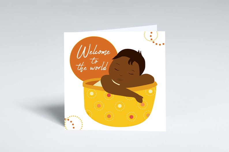 New baby greeting card. Welcome to the world greeting card featuring black baby illustration. Baby shower card. image 1