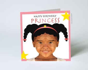 Happy Birthday Princess greeting card for a little girl featuring a young black child