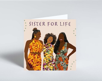 Sister for life greeting card featuring black women illustration by Leanne Creative. Hand-finished with gems.