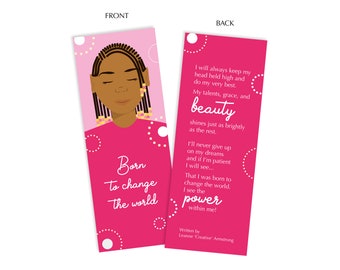 Born to Change the World bookmark featuring black girl portrait and poem by Leanne Creative