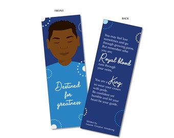 Destined for Greatness bookmark with poem and illustration of young black man/boy by Leanne Creative. Ribbon option available.