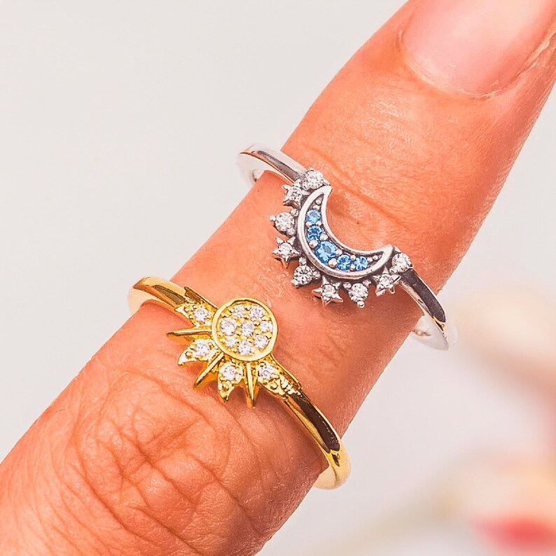 Celestial Pandora Sun & Moon Ring Set Sterling Silver Ring Pandora Sun Ring Pandora Moon Rings Friendship Rings Couples Ring Set zdjęcie 2