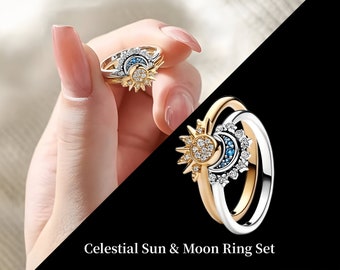 Set di anelli sole e luna celesti Pandora / Anello in argento sterling / Anello solare Pandora / Anelli lunari Pandora / Anelli di amicizia / Set di anelli per coppie